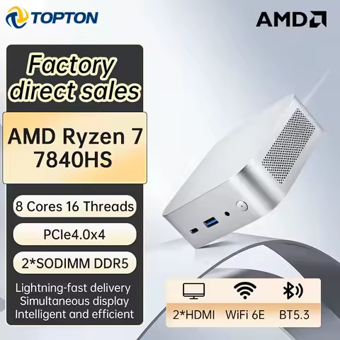Topton D19 Gaming Mini PC AMD Ryzen 7 7840HS 8 Core 16 Thread USB4 2xNVMe 2xDDR5 Compact Nuc Office Computer Windows 11 WiFi6E
