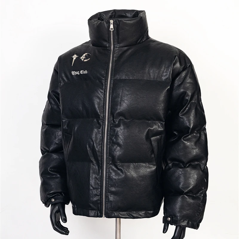 

Thug Club Leather Down Jacket Cotton-padded Jackets Real Photos Metal Logo Harajuku Style Autumn Winter Stand-up Collar Coat