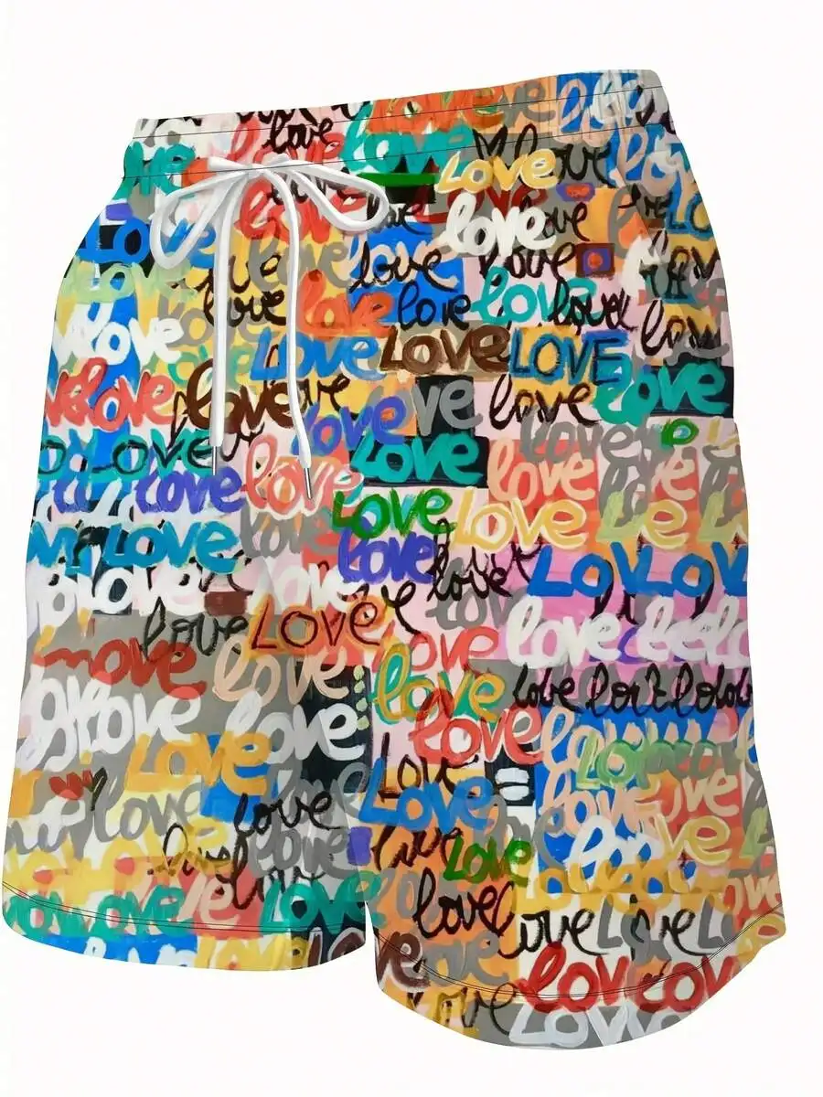

Mens 3D Digital Printed Beach Shorts With Love Letter Pattern Quick Dry Lightweight Polyester Board Shorts