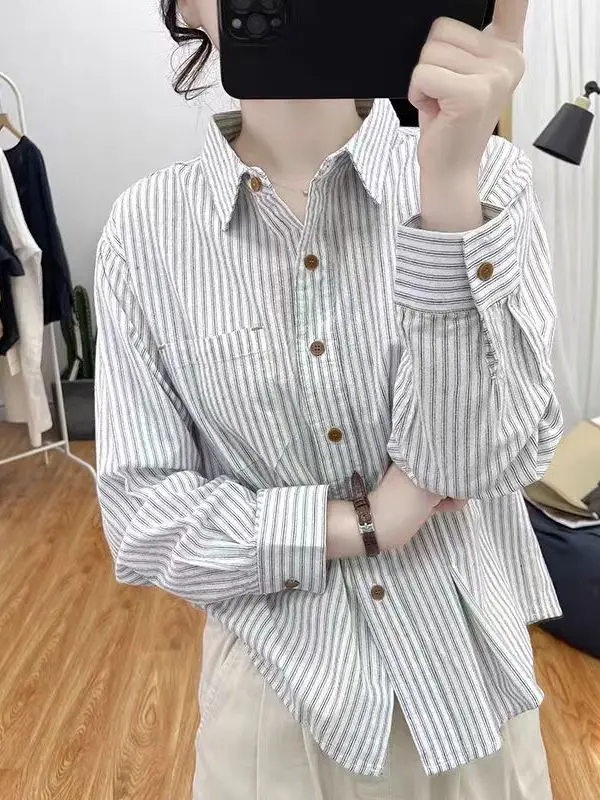 

Fashionable Japanese Style Loose Fit Long Sleeve Pure Cotton Striped Shirt for Women Autumn Casual Wear Breathable Comfortable