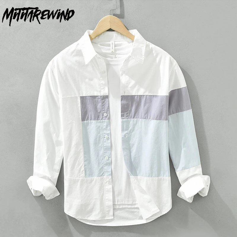 

Spring Autumn Long Sleeve White Shirt Men Japanese Fresh Shirts Casual Pure Cotton Patchwork Loose Shirt Fashion Men's clothing