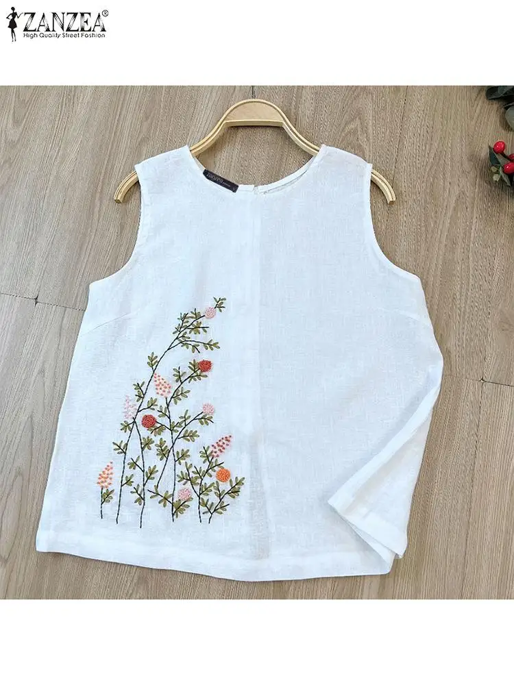 

ZANZEA Summer Floral Embroidery Tanks Tops Women Vintage Blouse Fashion Casual Loose Holiday Shirt Female Bohemian Blusas Camis