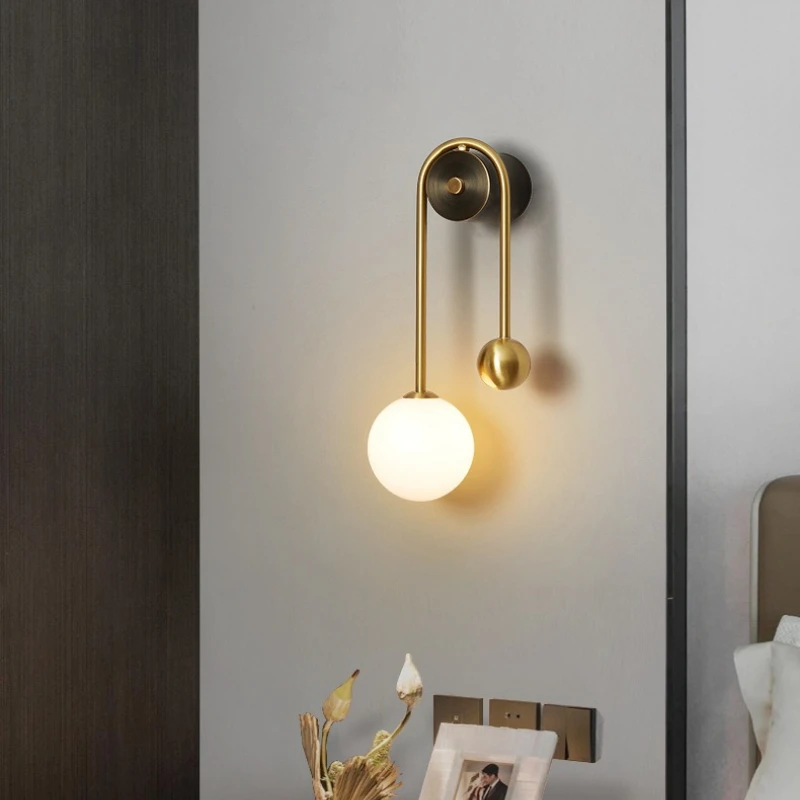الحديثة شكل منحني جميع النحاس الجدار مصباح واحد/مزدوج رئيس الأبيض كرة زجاجية ضوء غرفة المعيشة غرفة نوم المطبخ مطعم الشمعدانات #6
