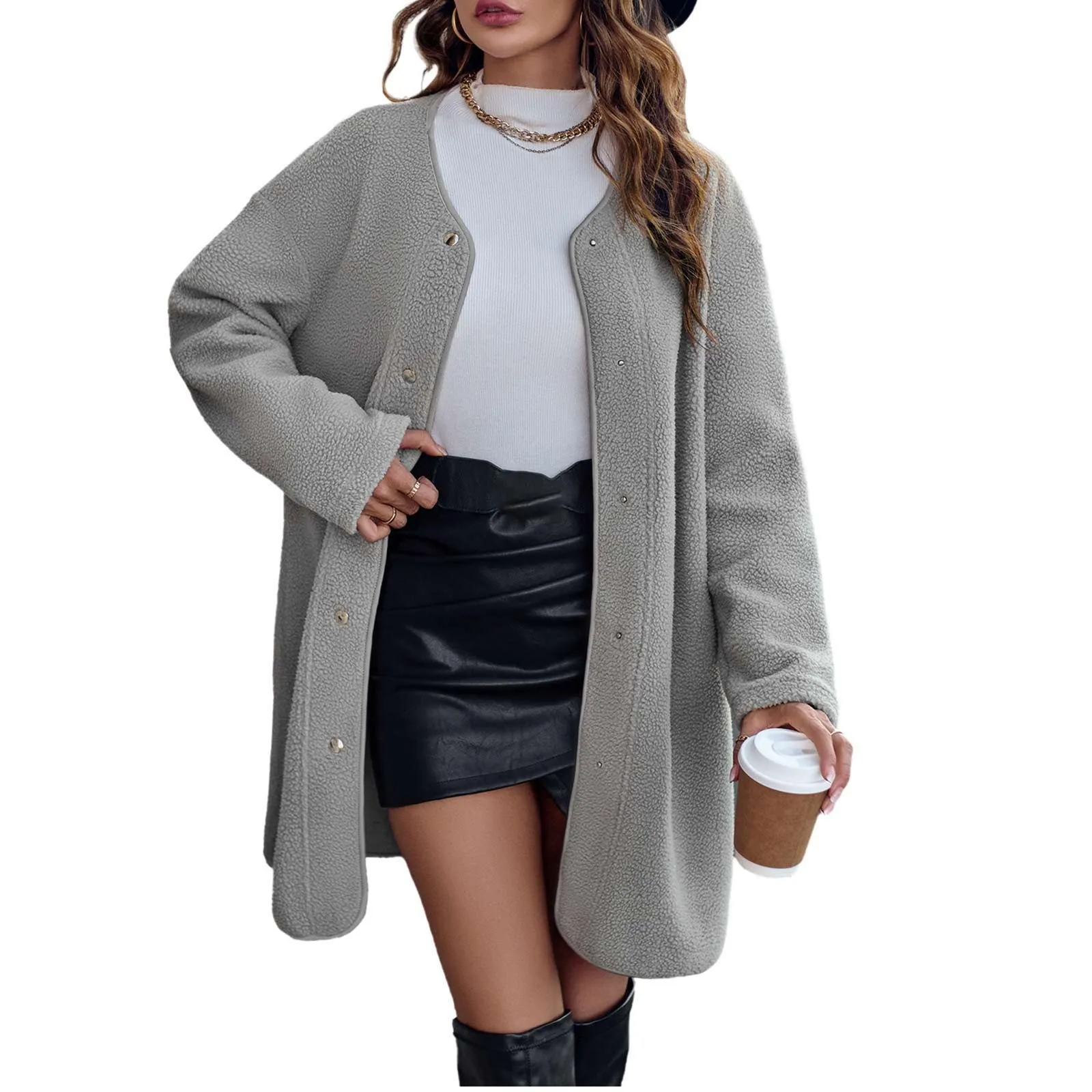 

Polar Fleece Coat Solid Color Round Neck Single Breasted Medium Long Fashion Slim Fit Version Casual Cardigan For Women