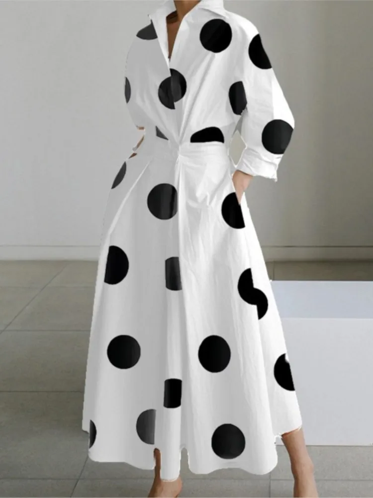 Elegant Polka Dots Shirt Dress For Women Autumn Long-sleeve V-neck High Waist Maxi Dress Fashion Party Long Dresses Robe Femme