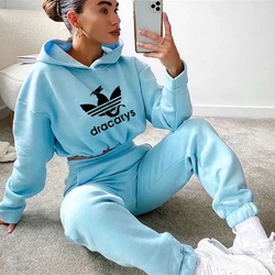 Women Hooded Tracksuit Two Pieces Set Sweatshirts Pullover Hoodies Pockets Pants Suit Drawstring Trousers Sports Outfits Autumn