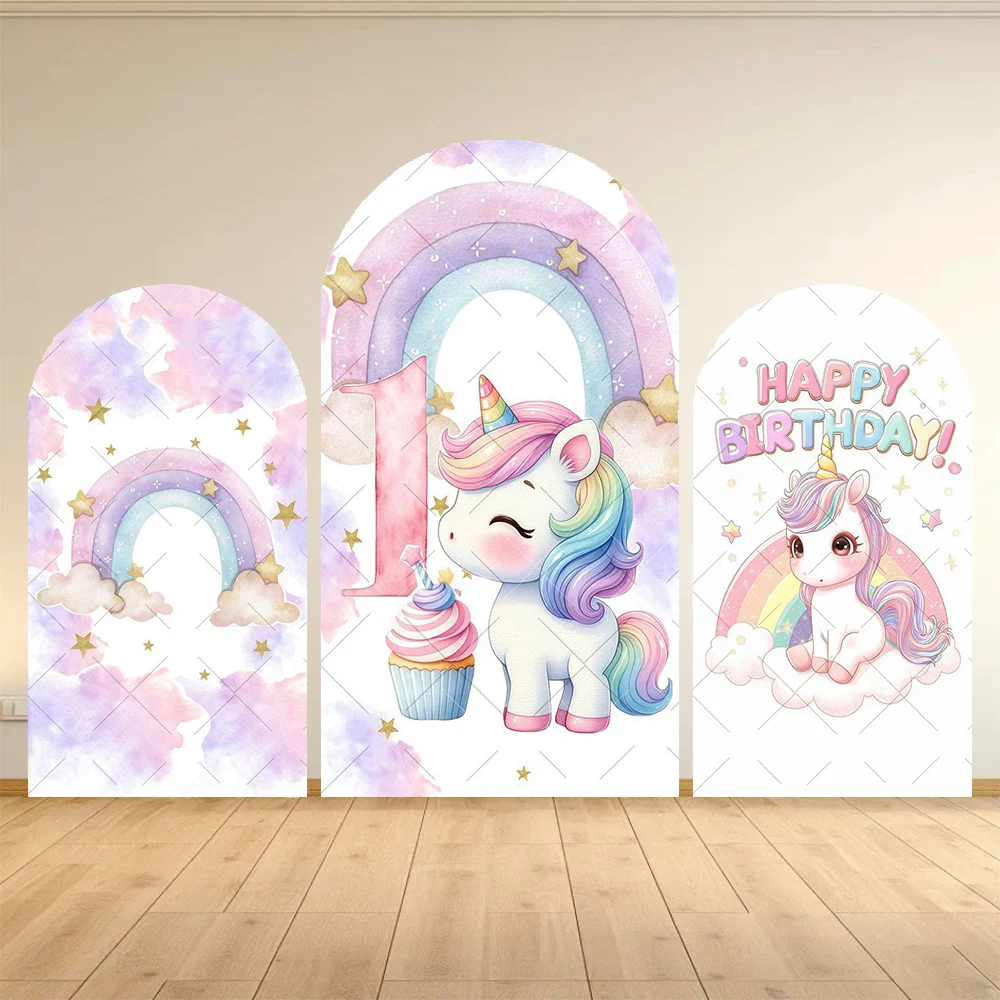 Housse de toile de fond arquée Licorne pour fête d'anniversaire, motif fleurs, cheval, château, arc-en-ciel, accessoires de décoration et photomaton