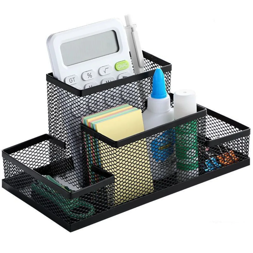 New 3/4 Grids Table Organiser Office Desk Top Storage Box Black Mesh Pen Holder File Storage Rack Metal Pen Holder
