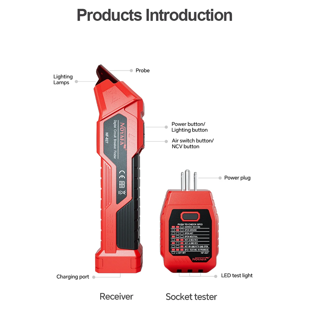 NOYAFA AC Circuit Breaker Finder Integrated GFCI Outlet Tester AC 90-120V Line Sequence Detection Digital Circuit Breaker Finder