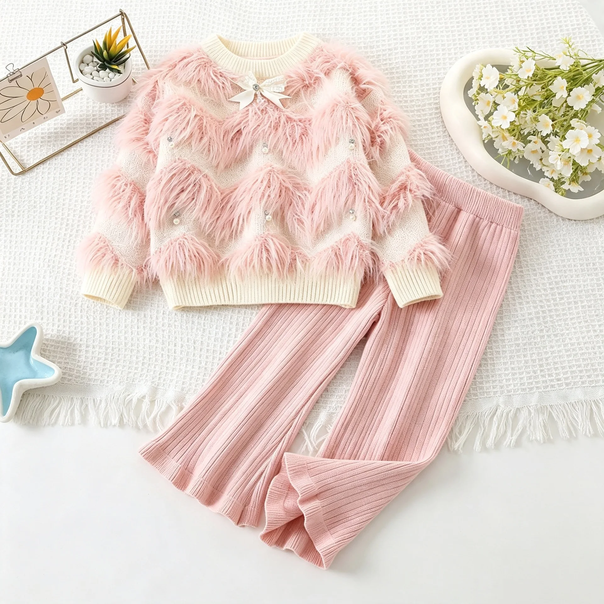 Bear Leader Girls' Clothes Water Wave Hairy Knitted Sweater Kids Two Piece Set Autumn/Winter Long Sleeve Round Neck Top + Pants