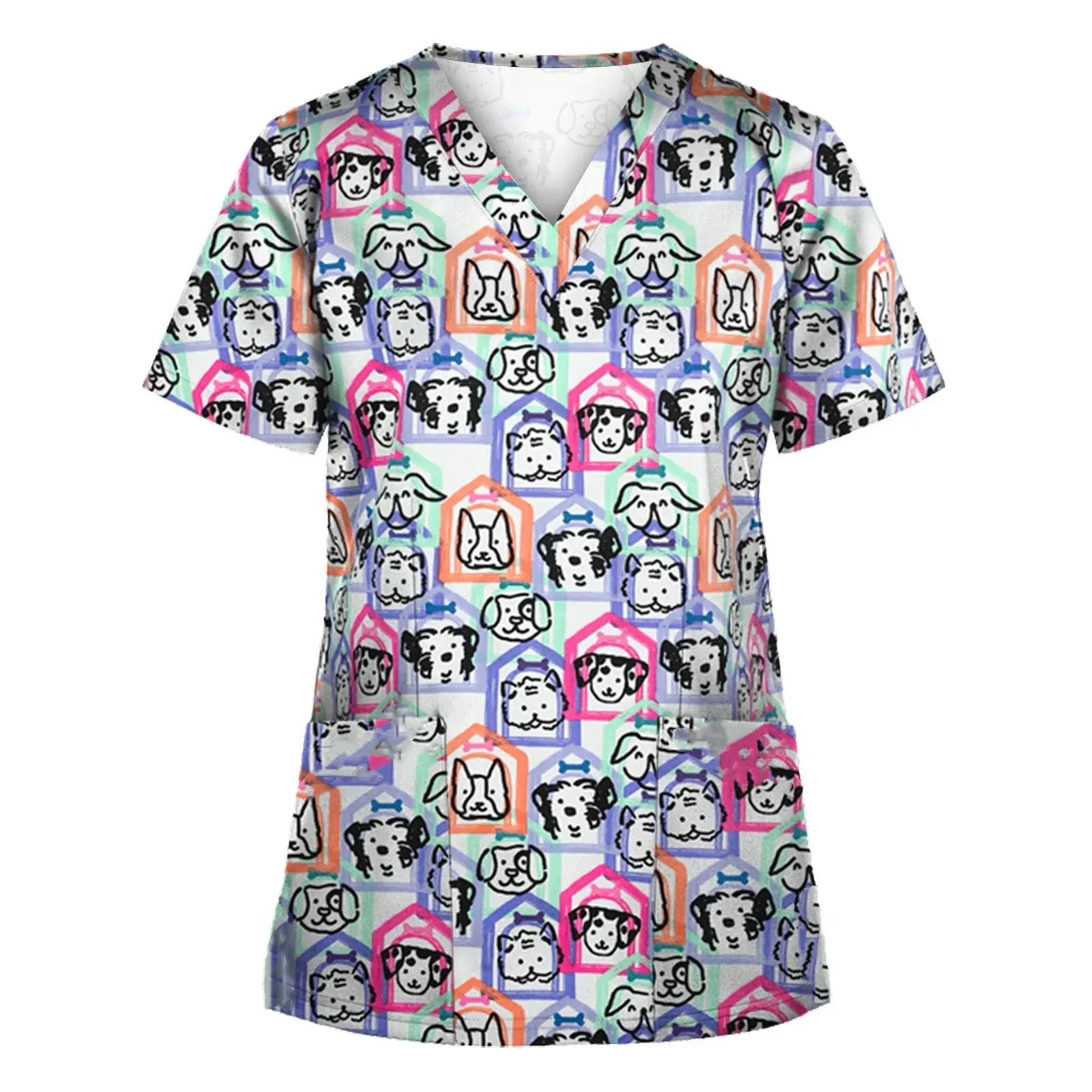 Uniformes quirúrgicos para mujer, Tops de manga corta con cuello en V, uniformes médicos, uniformes clínicos de veterinario, estampado de dibujos animados de cachorros lindos