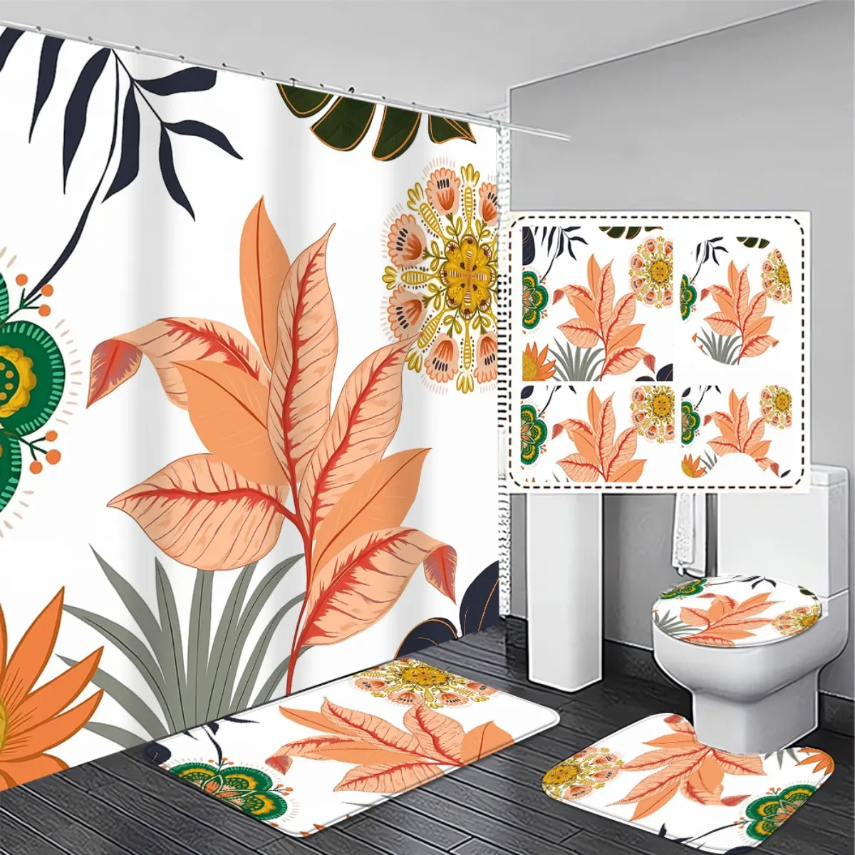 

4pcs Bathroom Shower Curtain Set with Non-Slip Mats - Orange Tropical Hibiscus & Palm Leaf Design in Green, Yellow, Pink