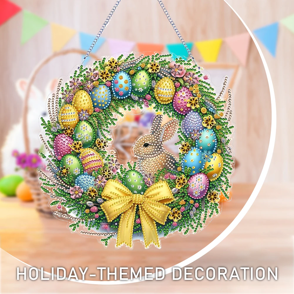 Single Sided Diamond Art Hanging Pendant Handmade Easter Wreath Diamond Painting Hanging Pendant Chicken Rabbit for Office Decor