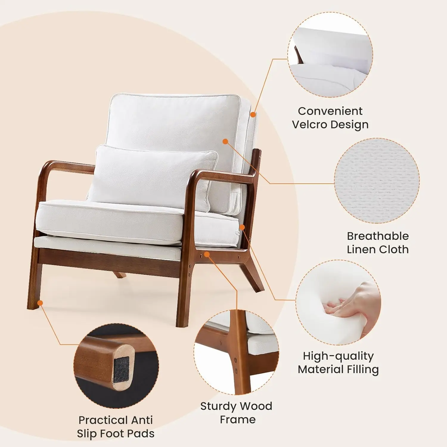 Accent Chair เก้าอี้ Mid Century Modern พร้อมหมอน, เก้าอี้เลานจ์หุ้มเบาะ, ผ้าลินินเก้าอี้อ่านหนังสือแสนสบายพร้อมไม้ Fra