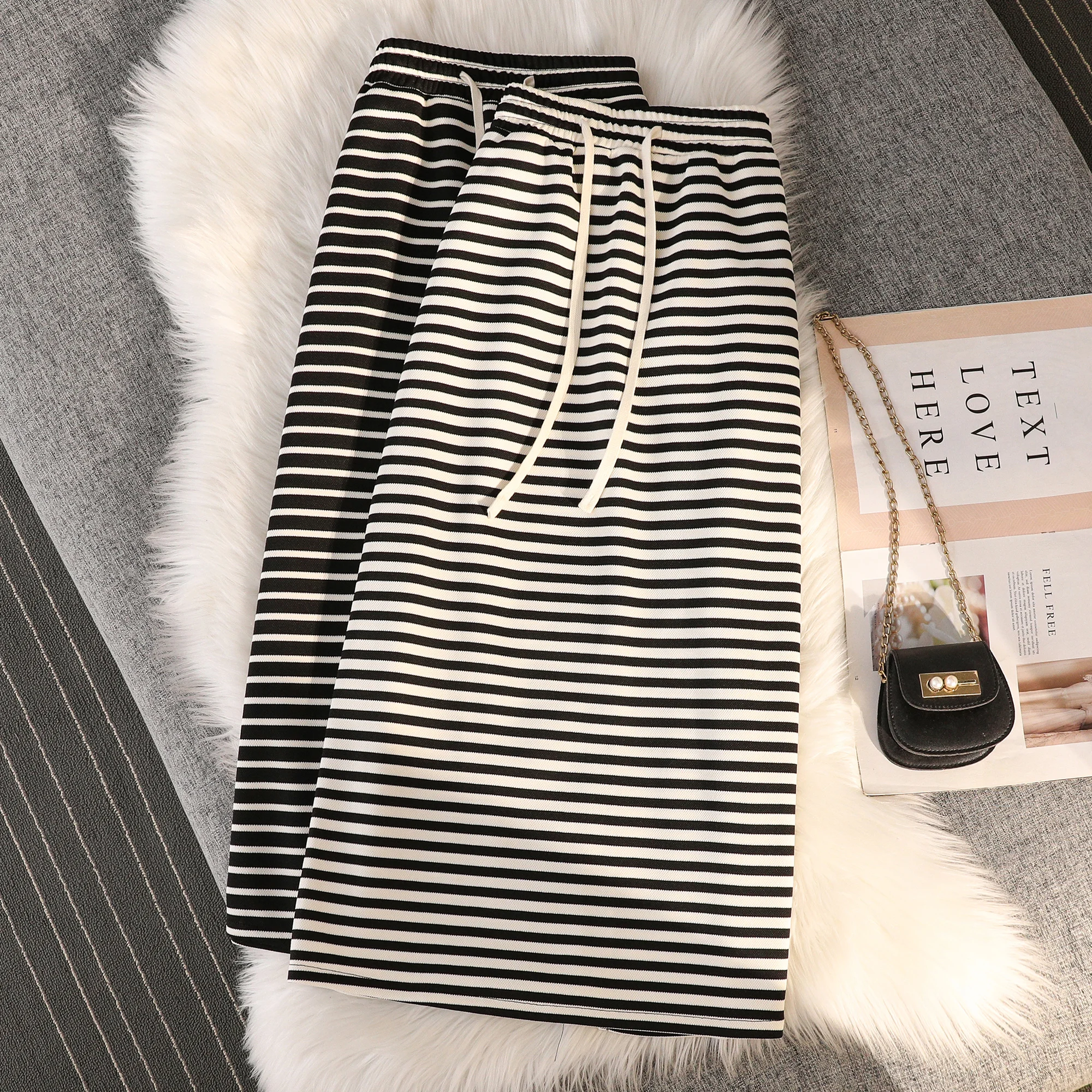 

2023 New Arrival Summer Women Loose Fit Casual Striped A-line Mid-calf Skirt Korean Style All-matched High Waist Skirts V355