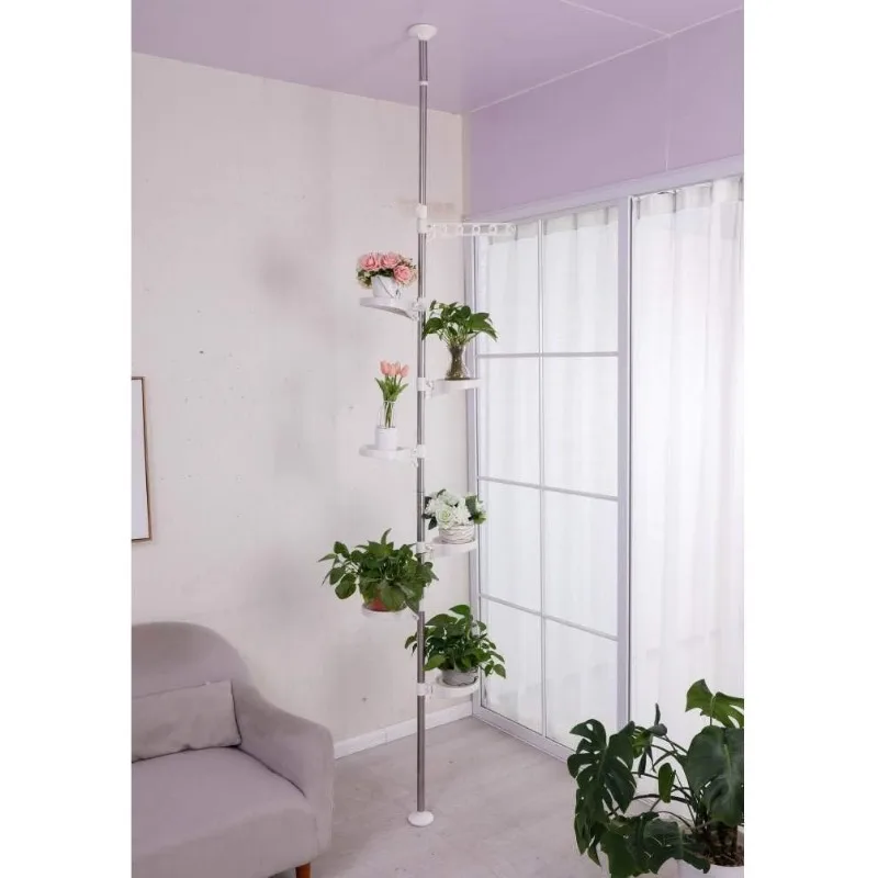 7-Layer Indoor Plant Stands Spring Tension Pole Metal Flower Display Rack Space Saver Corner Floral Pot Hanger Shelf