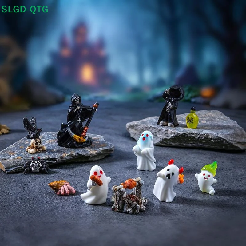 Hot Halloween Miniature Figurine Bone Skull Coffin House Chair Halloween Mini Resin Cartoon Scary Ghost Statue Party Ornaments