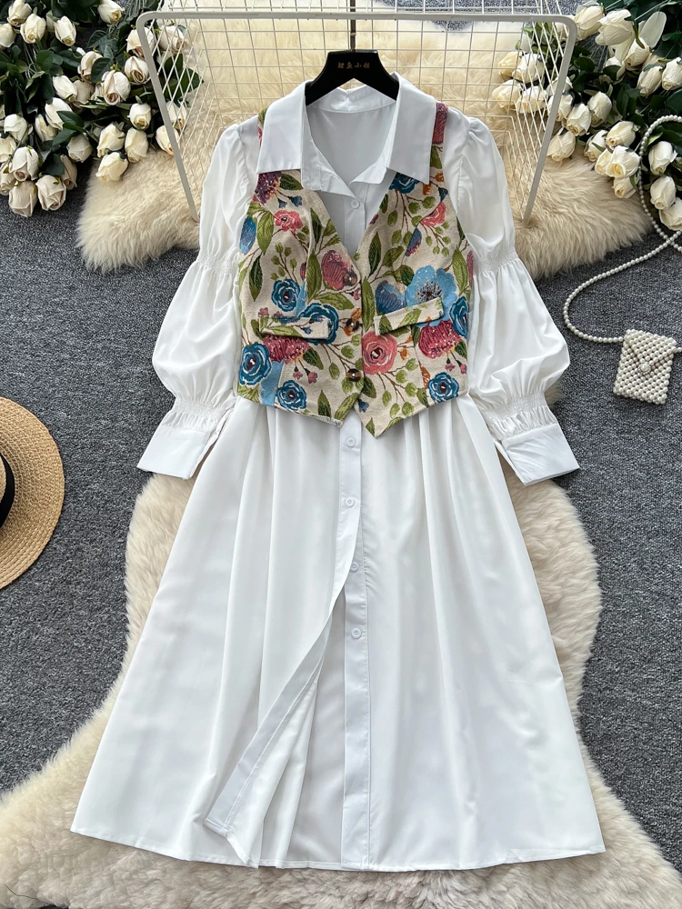 

Court Sle Bubble Sve irt Dr Women's Inner Wear Vest Outerwear Set Autumn Faion Casual Slim Fit High Waist