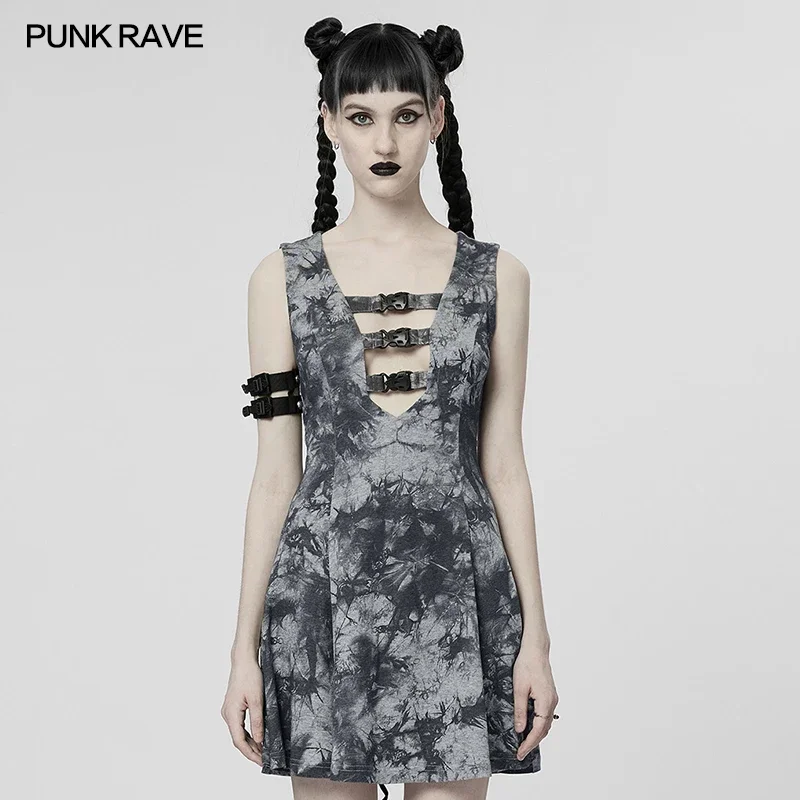 PUNK RAVE Women's Cyber Sleeveless Dress A-shaped Skirt Low Neck  Personality Sexy Short Dresses Summer Women Clothing