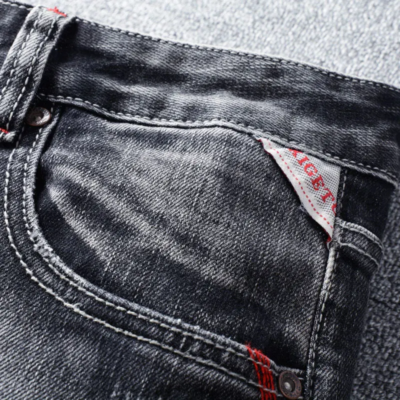 Italian Designer Fashion Men Jeans Retro Black Gray Slim Fit Stretch Ripped Jeans Men Vintage Trousers Casual Denim Pants Hombre