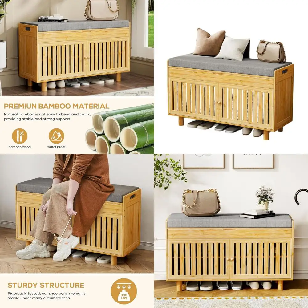 Banco de entrada de bambu de duas portas com assento acolchoado e armazenamento superior para sapatos, sala de estar, quarto - acabamento natural