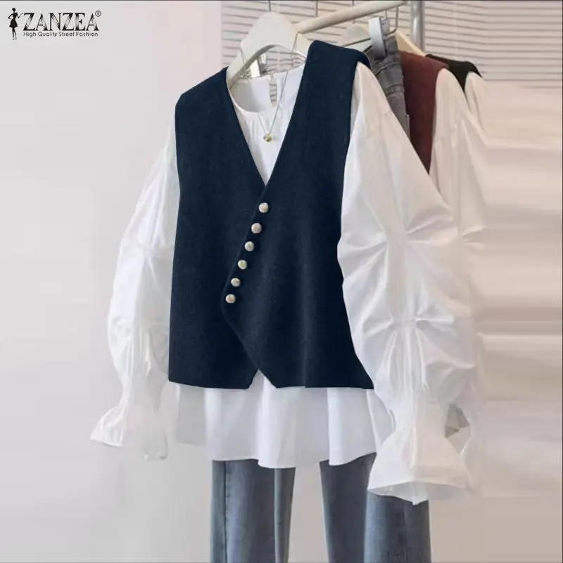 

2026 ZANZEA Fashion Blouse Women Spring Long Sleeve Casual Patchwork Loose Shirts Elegant Office Lady Tops Tunic Oversized Blusa
