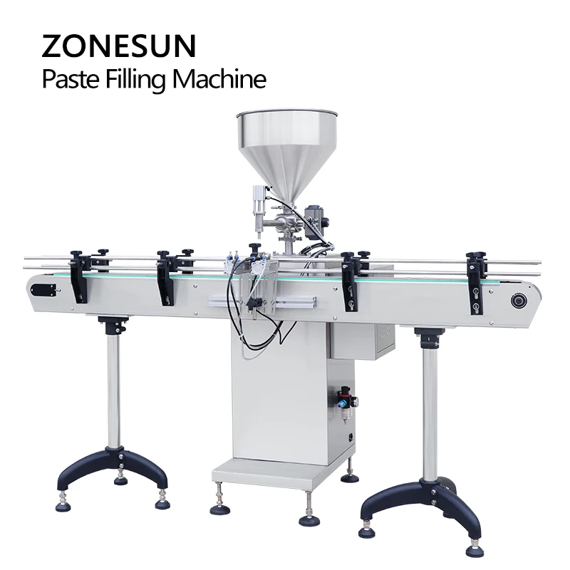 ZONESUN هوائيّ محرك معزز معجون سائل ماكينة حشو لزج كريم عسل كاتشب صلصَة الفلفل الحار خط إنتاج