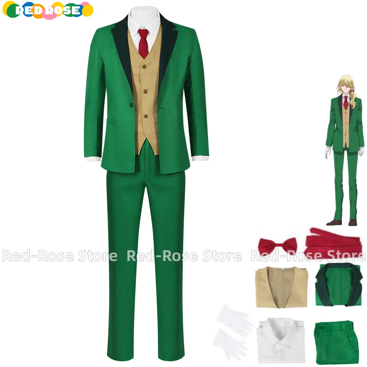 

Anime A Vampire Lives in The Dormitory Komori Cosplay Costume Green Coat Vest Uniform Full Set Adult Man Halloween Carnival Suit