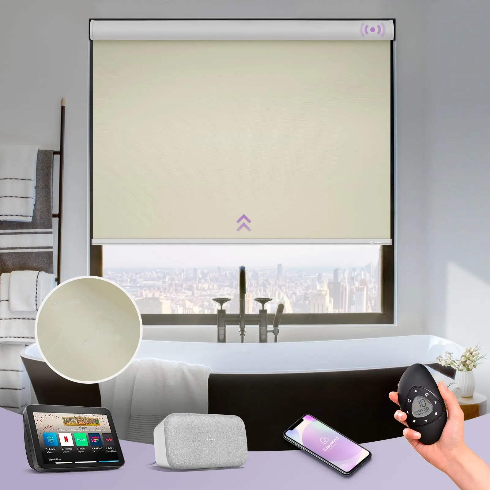 Motorized Roller Shades 100% Blackout Compatible with Alexa Google Waterproof Vinyl Cordless Remote Smart Blinds with