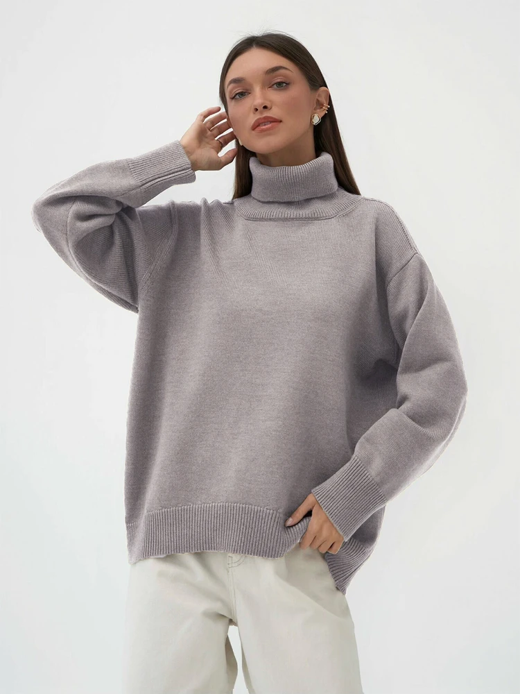 Women\'s Turtleneck Autumn Winter Classic Loose Knitted Sweaters Solid Color High Collar Oversize Pullovers for Women Knitwear