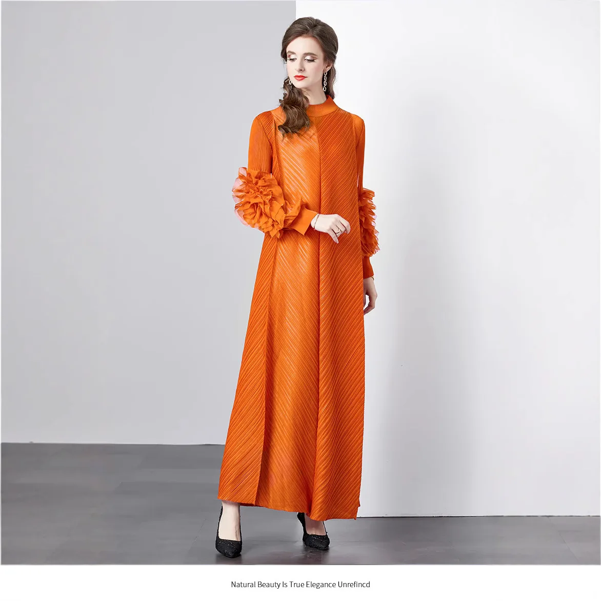 

2025 Long Pleated Dress With Ruffles Sleeves Loose Solid Color Stitching Female Party Clothing Summer New Clothes