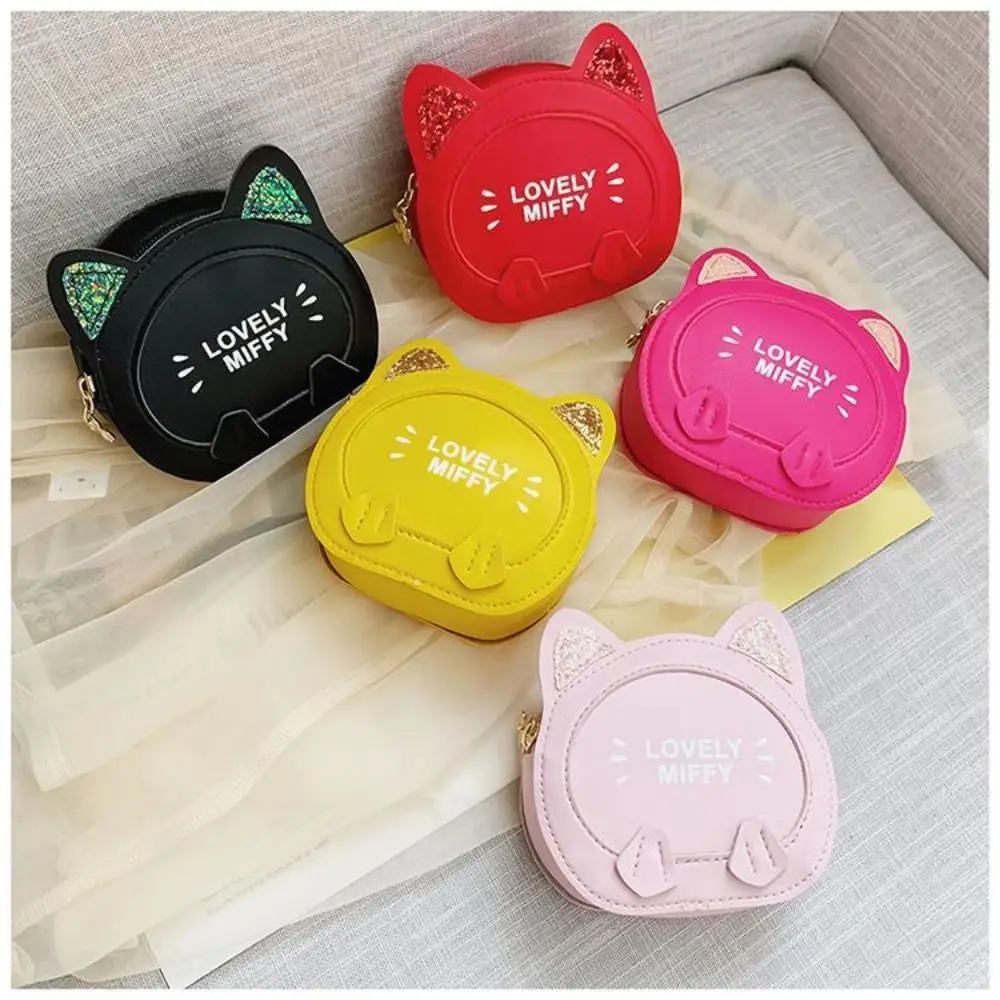 PU Leather Children\'s Shoulder Bag Cute Cartoon Cat Soild Color Small Crossbody Bag Zipper Mini Handbags Coin Purses