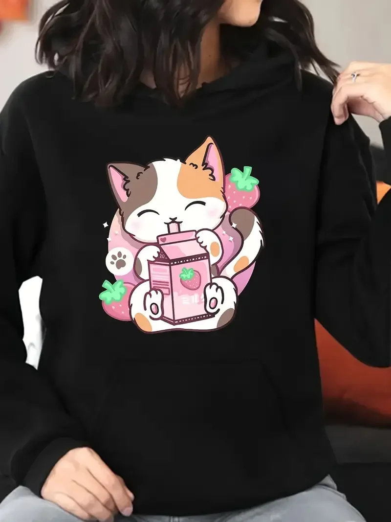 

Plus Size Women's Hoodie With Adorable Cat Strawberry Print Cozy Polyester Sleeve Pullover With Kangaroo Pocket Casual Attire