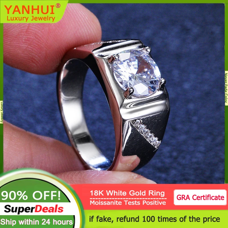 Men's Luxury 18K White Gold Rings Gorgeous 2 Carat D Color Moissanite Diamond Wedding Rings for Men Gift Jewelry