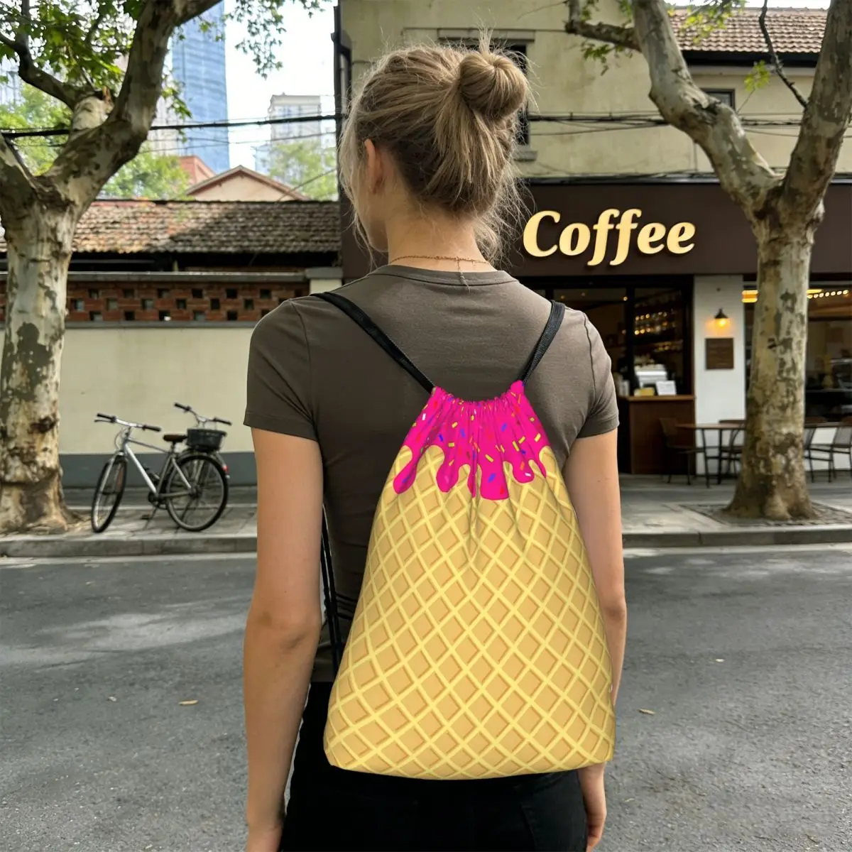 

STRAWBERRY Ice Cream Waffle Cone Backpacks Casual Drawstring Bags Sports Bag Book Bags for Travel School