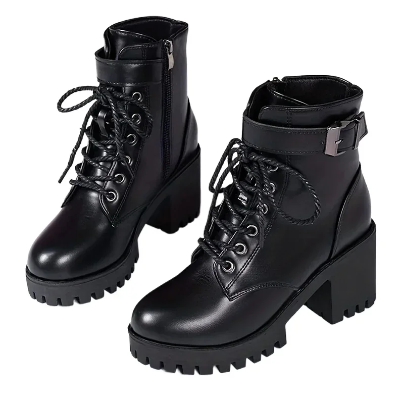 2024 Women\'s Solid Chunky Heel Boots Fashion Lace Up Shoes for Women Side Zipper Boots Stylish Buckle Strap Detailed Ankle Boots