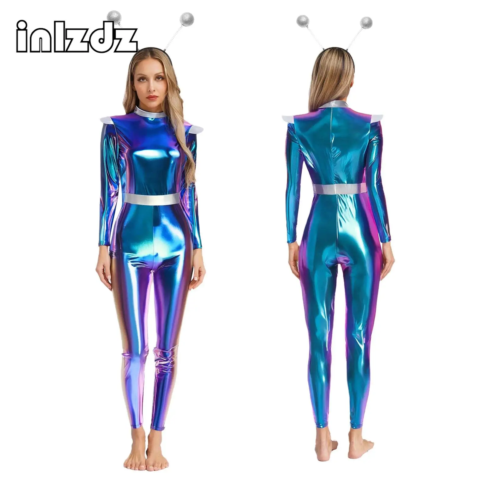 

Women's Alien Robot Astronaut Dress Up Costumes Long Sleeve Metallic Shiny Jumpsuit with Headwear for Festival Theme Club Party