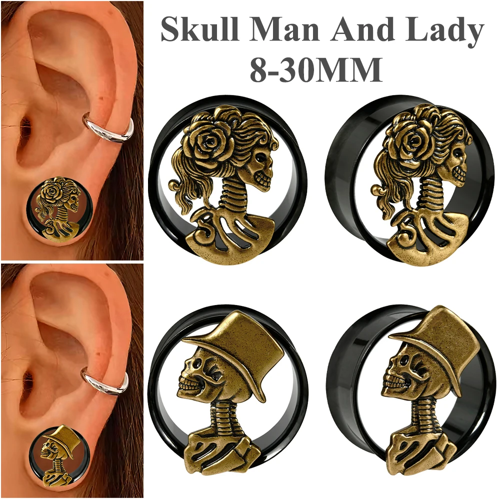 PAIR Stainles Steel Skull Man And Lady Ear Gauges Ear Tunnel Plugs Expanders Double Flared Earrings Plugs Piercing Body Jewelry