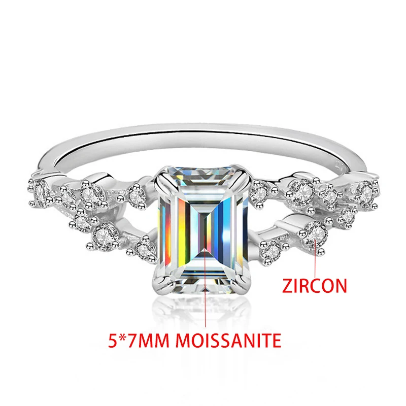 TFGLBU D Vvs1 1CT Emerald Cut Moissanite 925 Sterling Sliver Ring for Women Multicoloured Wedding Engagement Band Fine Jewelry