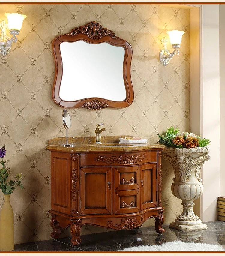 European Style Bathroom Cabinet Combination Of Red Oak Washing The Face Wash Basin Cabinet Solid Wood Floor Toilet Marble Platfo