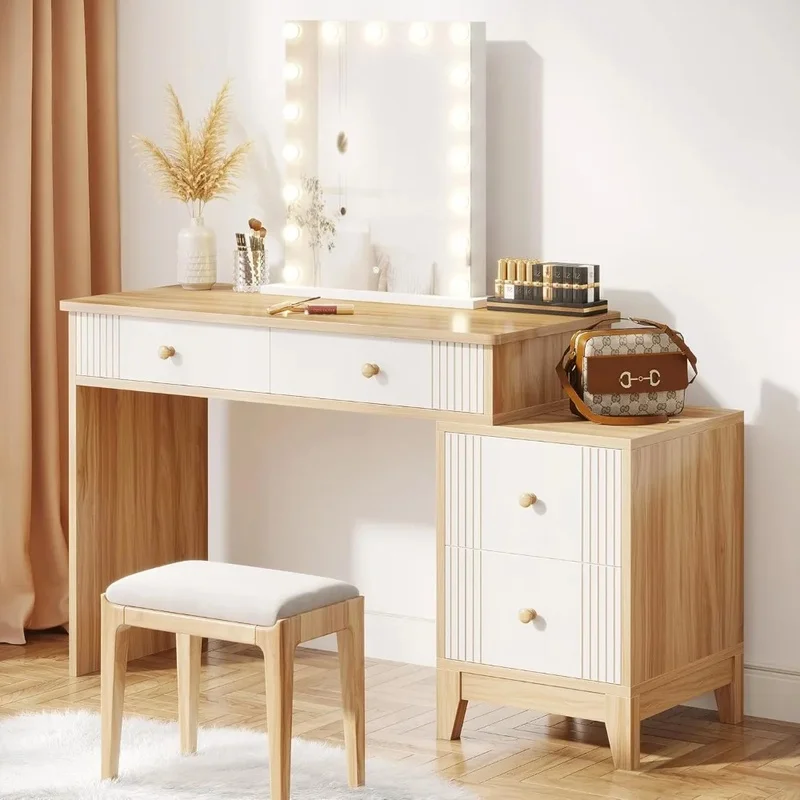 

51-Inch Makeup Vanity Table with Lighted Mirror and 4 Large Drawers, Modern Dressing Table Set for Makeup Room
