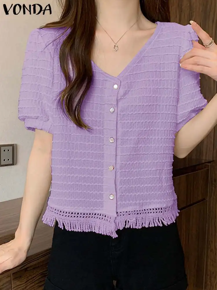 

VONDA Women Short Sleeve Elegant Shirts 2024 Summer V-Neck Solid Color Blouse Office Tops Casual Loose Tassel Vintage Blusas