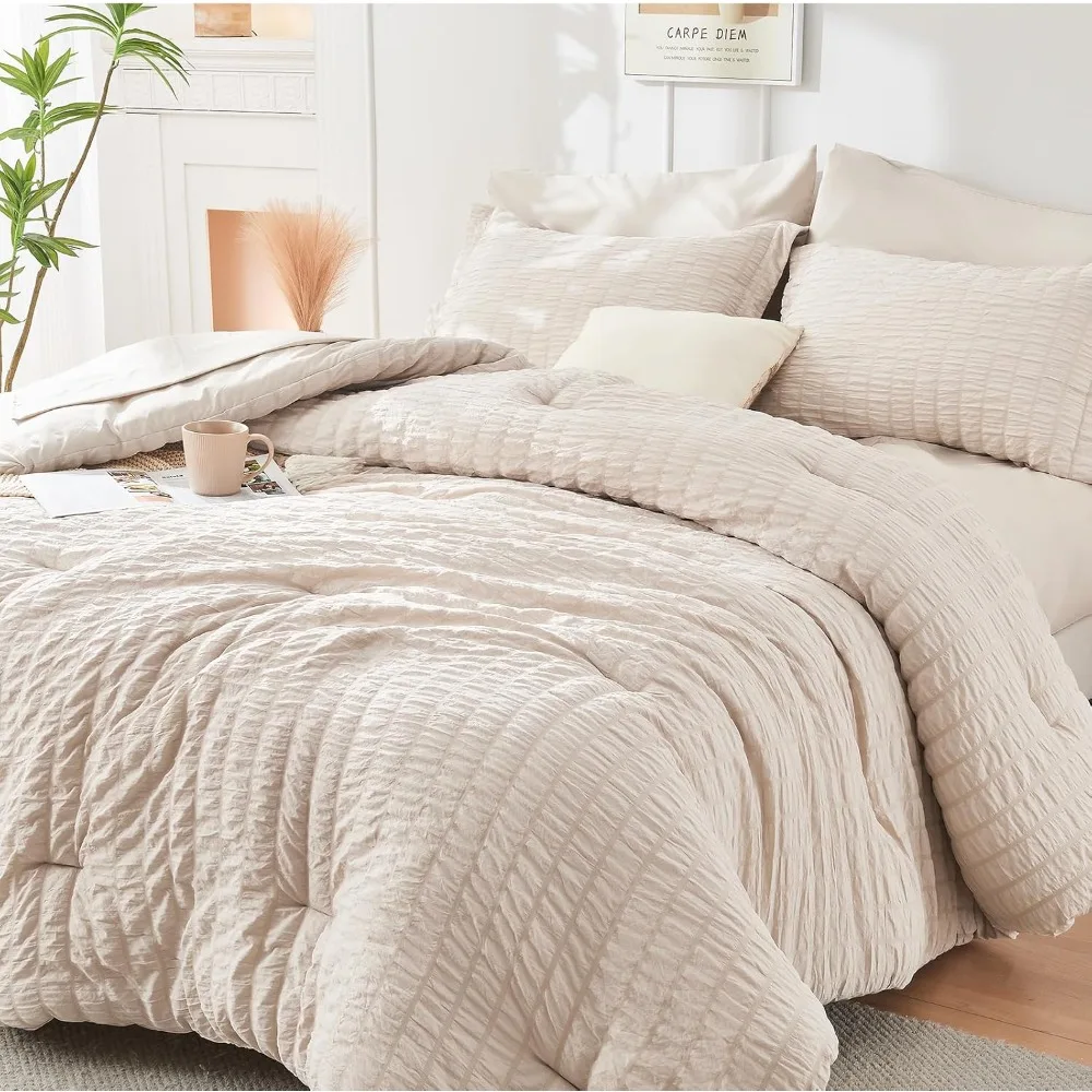 

Beige King Size Comseersucker Comforter Set 7 Pieces All Season Luxury Bedding Set with Comforter Sheets Pillowcases