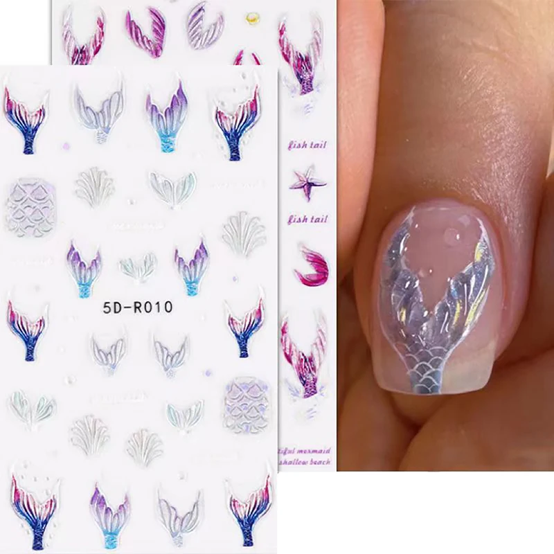 Manicure Sticker Mermaid Tail 5D Stereoscopic Relief Nail Art Sticker Jellyfish Shellfish Dreamy Ocean Animal Nails Design