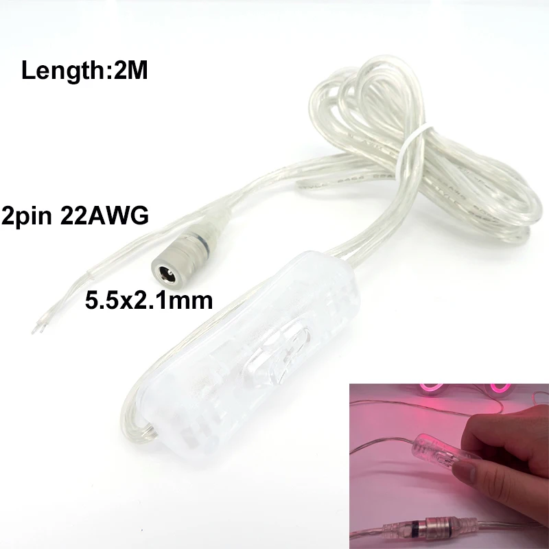 12V 5V Transparent 2Pin 22AWG DC Female 5.5x2.1mm Power Adapter Extend Cable LED Light Switch Button Connector for Neon Lamp O21