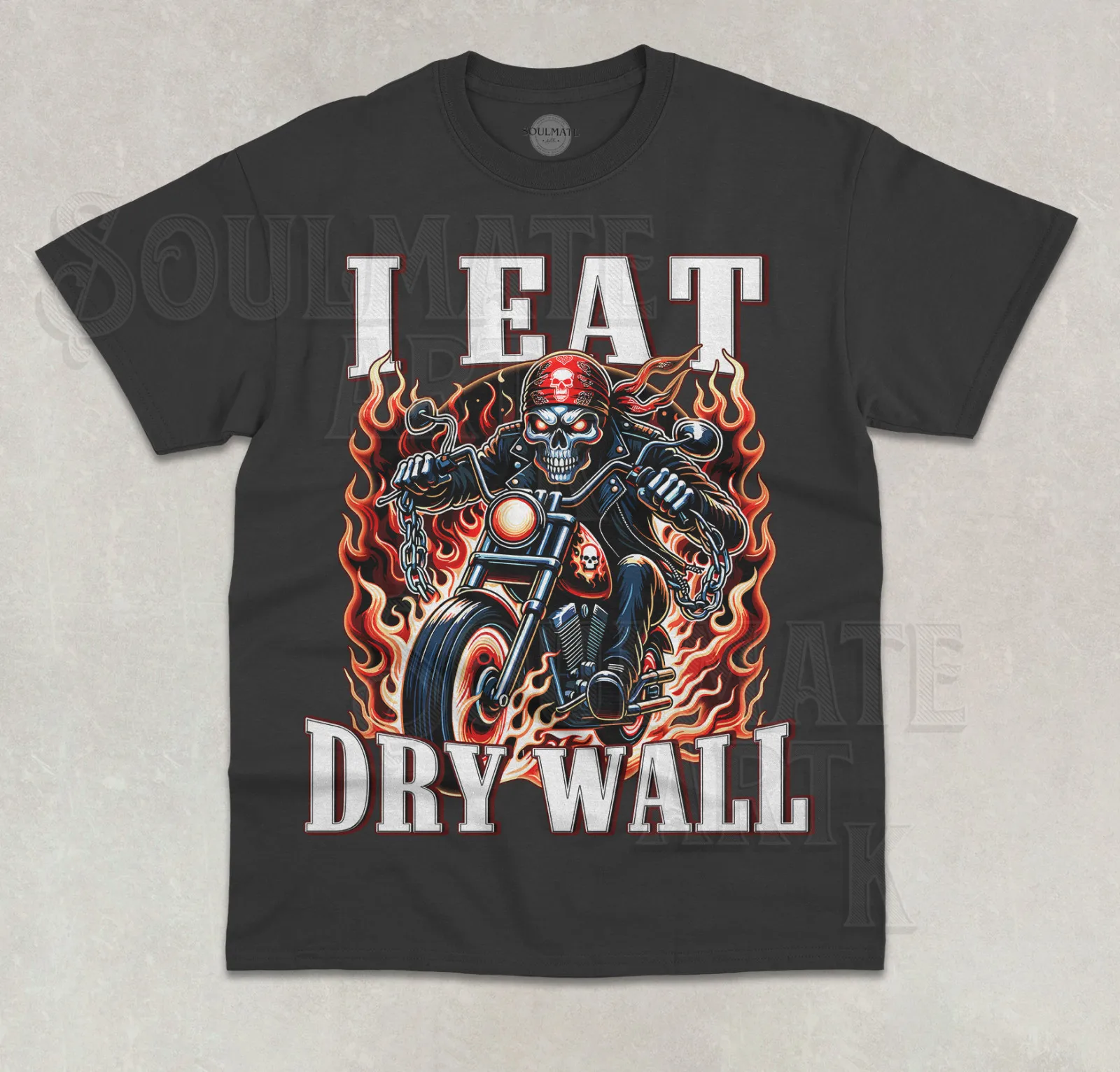 

Футболка I Eat Dry Wall, забавная рубашка унисекс с изображением злого скелета и мотоцикла