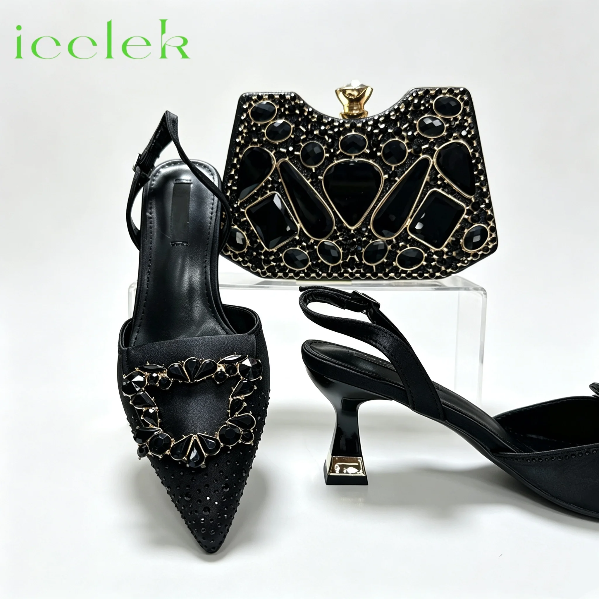 2026 INS Italian Design Gold Color Rhinestone PointedToe Women's High Heels Shoes Matching Bag Set Ideal for Parties & Weddings