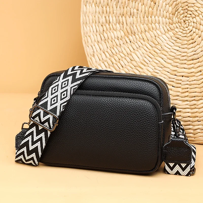 Genuine Leather Cowhide Crossbody Bag Women Double Layer Messenger Bag Simple Shoulder Bag New Female Purse Wild Handbag Bolso