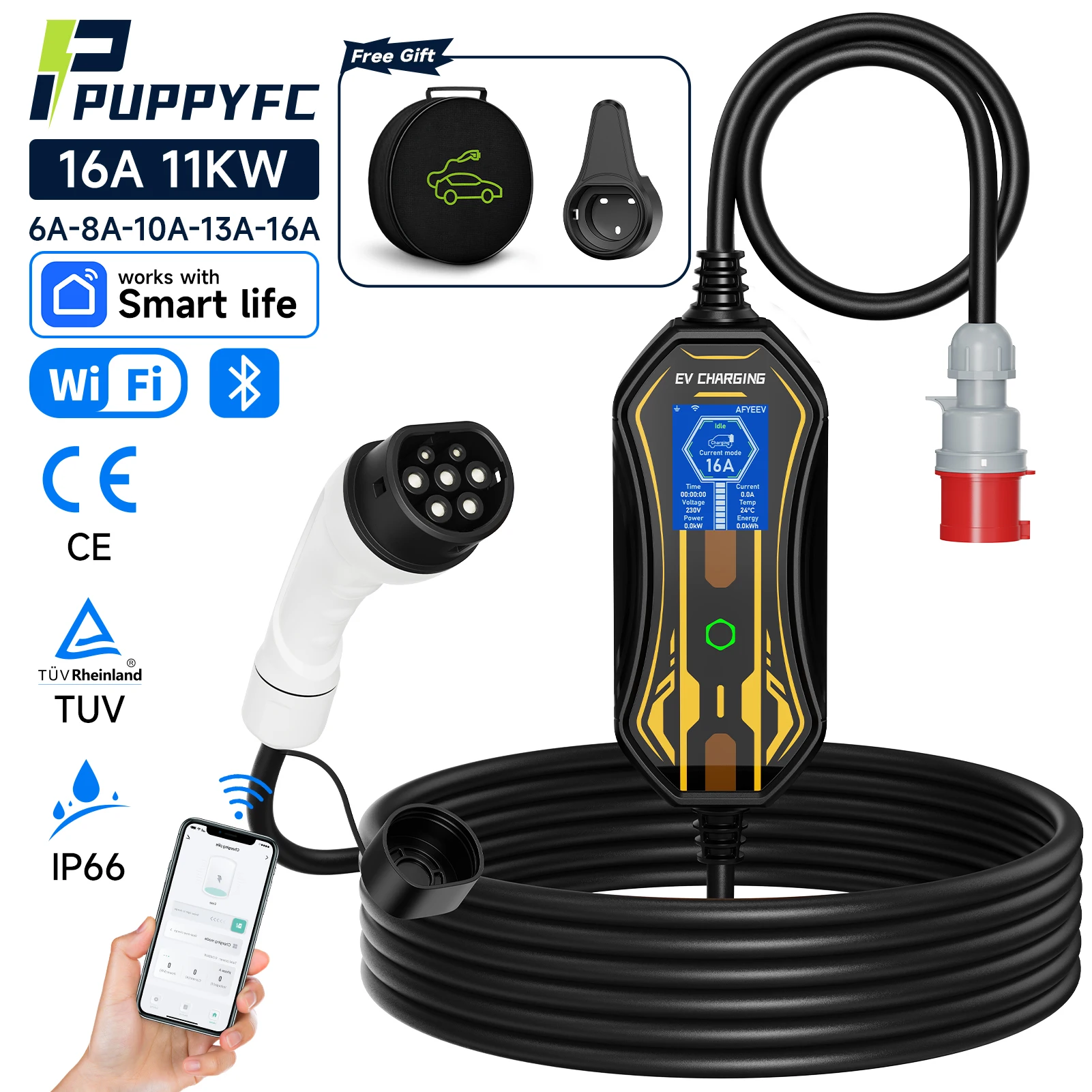 

Puppyfc 11KW 16A Protable EV Charger for Electric Vehicle Fast Charging Type2/GBT Charger 5M Wallbox WIFI APP Control