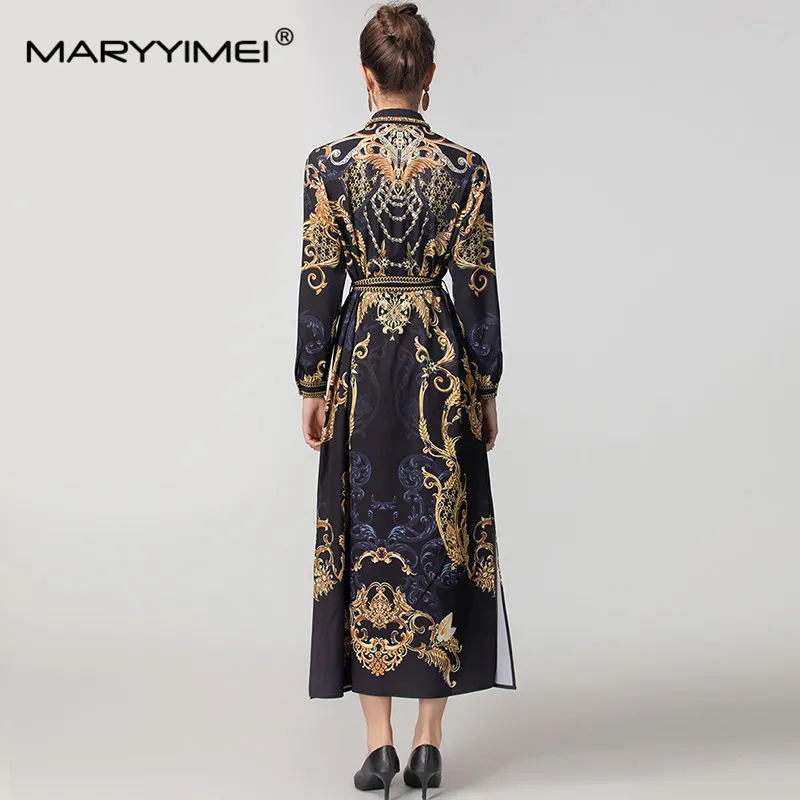 MARYYIMEI Autumn and winter Women\'s Dress Turn-Down Collar Single-Breasted Lace-Up Vintage Elegant Print Long-Sleeved Dresses